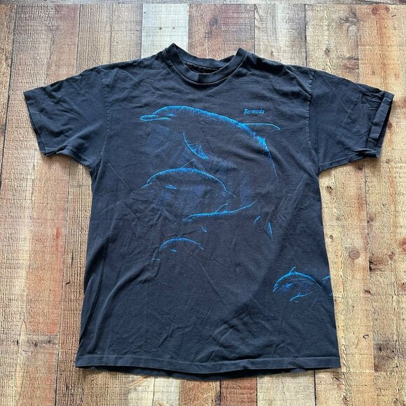Vintage Black Dolphin Graphic T-Shirt Soft Cotton Blend Short Sleeve Unisex Sz L - Picture 1 of 11